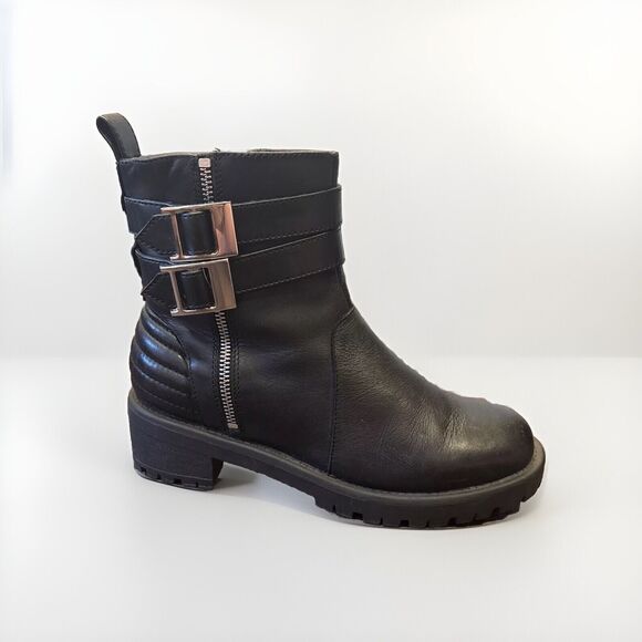 BLONDO Mable Black Leather Moto Double Buckle Waterproof Boots 8.5M - Picture 2 of 11